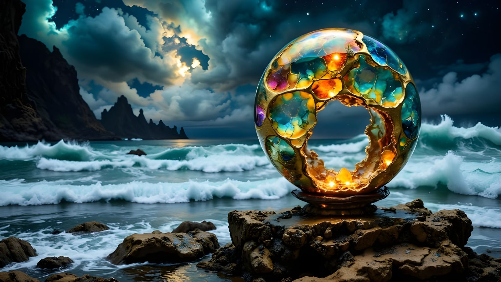 Abstract Sea Glass Sculpture on Stormy Shore