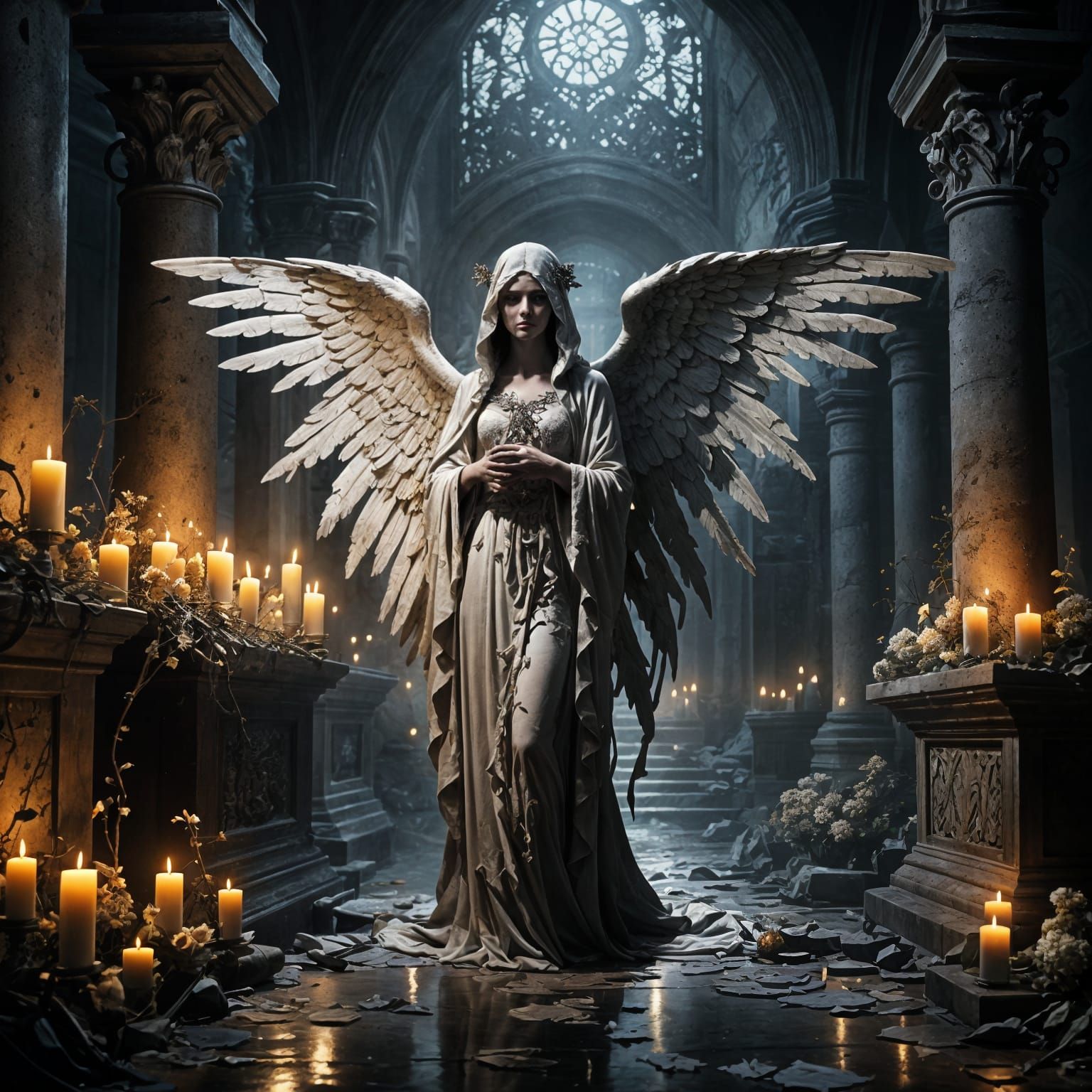 Angel of Death in Candlelit Crypt