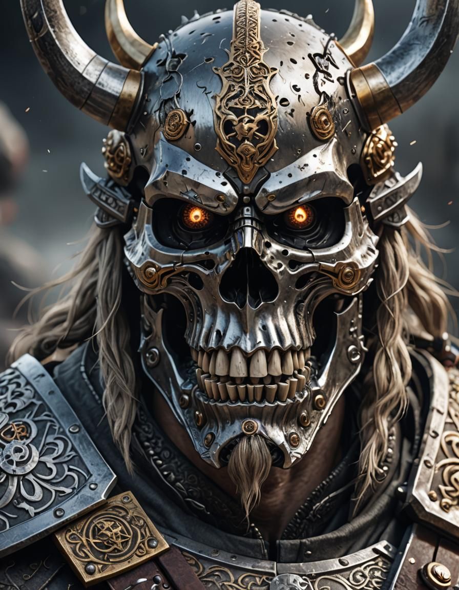 Futuristic Viking Skull with Samurai Sword