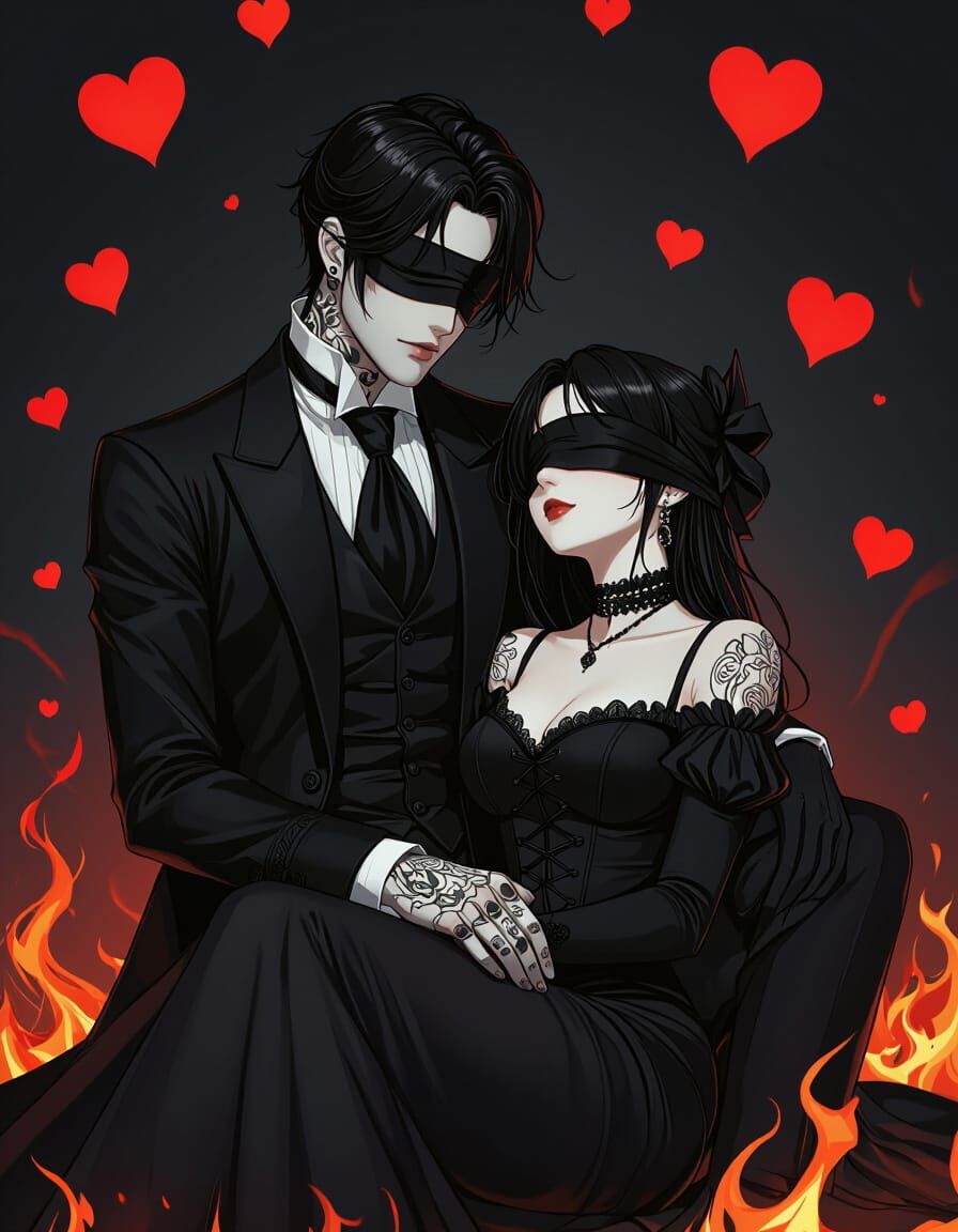Victorian Couple in Anime Style with Hearts and Flames