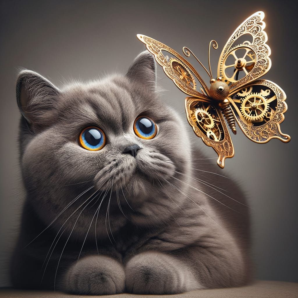 Clockwork Butterfly Lands on Cat's Nose