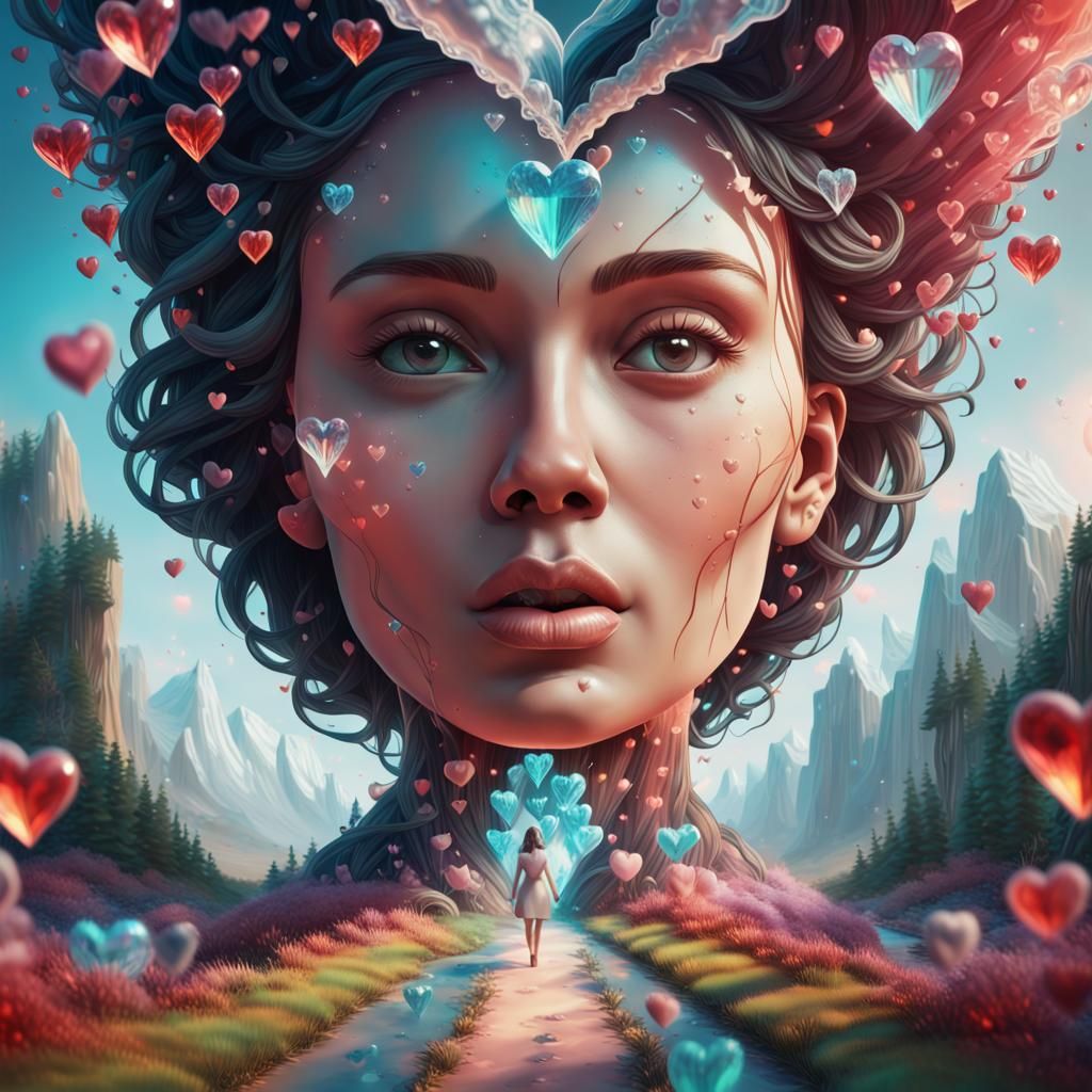 Winding 3D Path to Love Land with Crystal Hearts