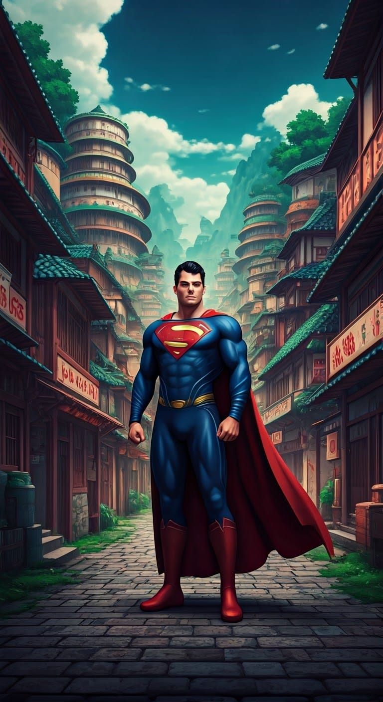 Superman in Vibrant Naruto Village Digital Art