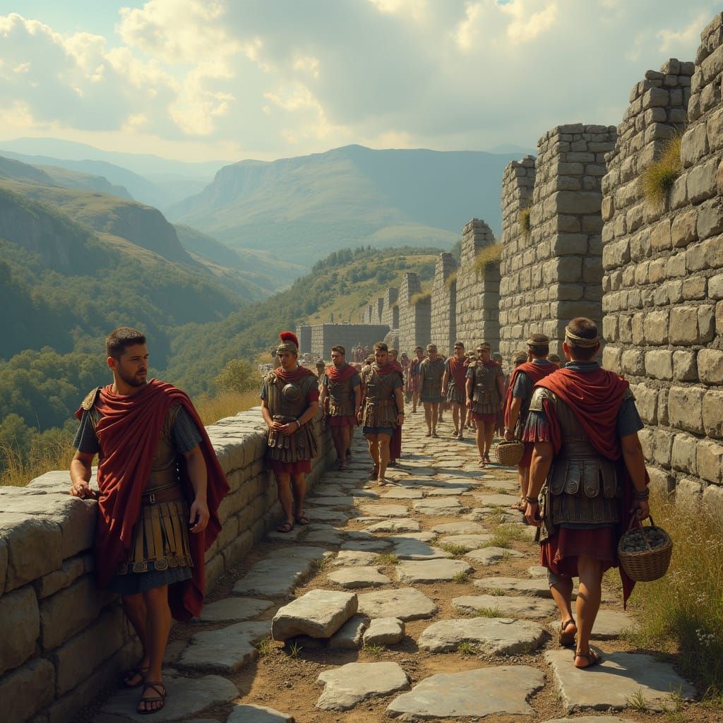 Roman Soldiers Constructing Hadrian's Wall in a Classical Eu...
