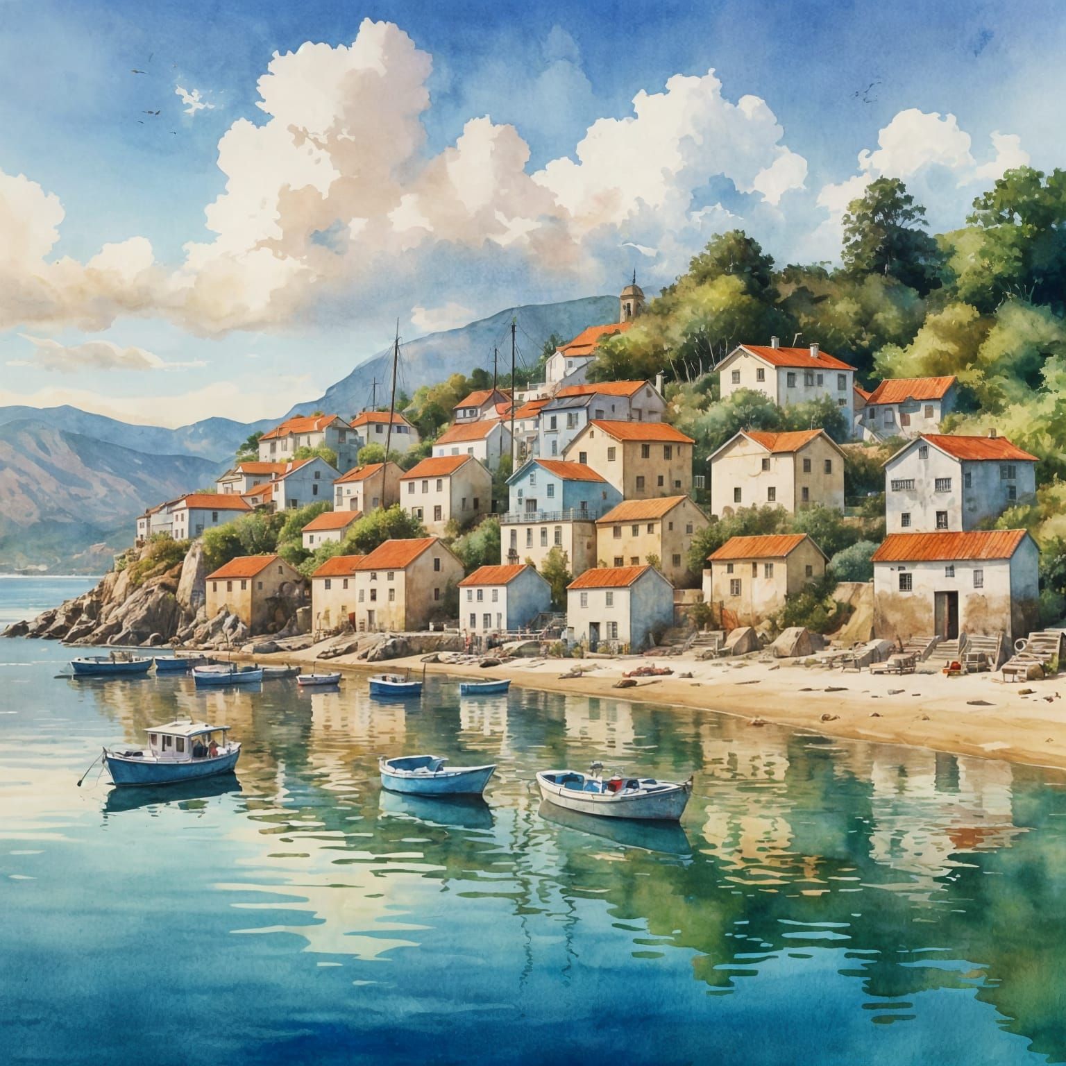 Coastal Village in Vibrant Watercolor
