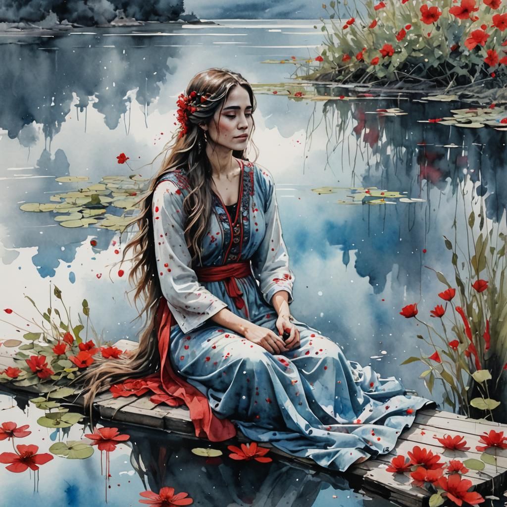 Ethereal Roman Goddess on Lake Dock