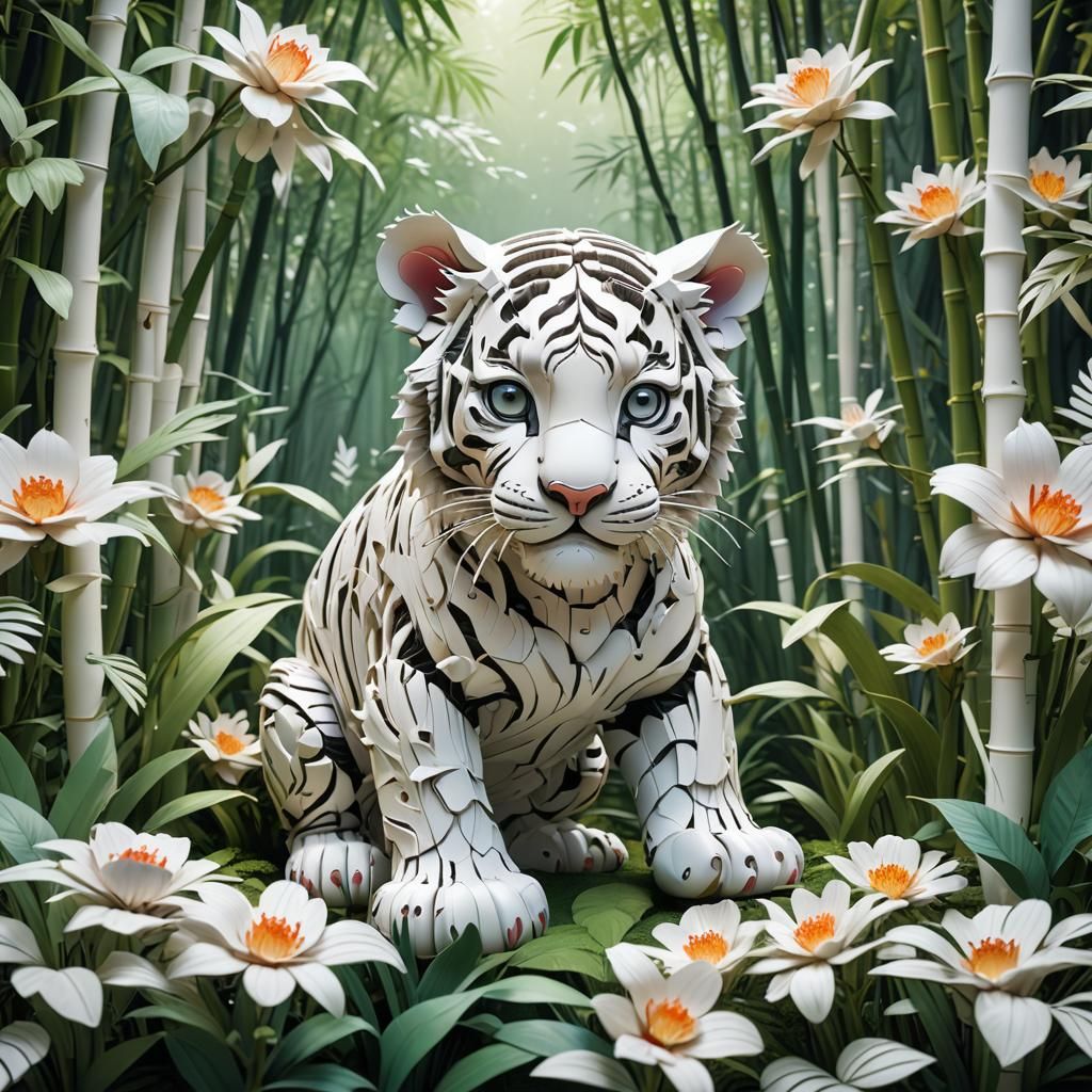 Robotic White Tiger Cub in Bamboo Forest