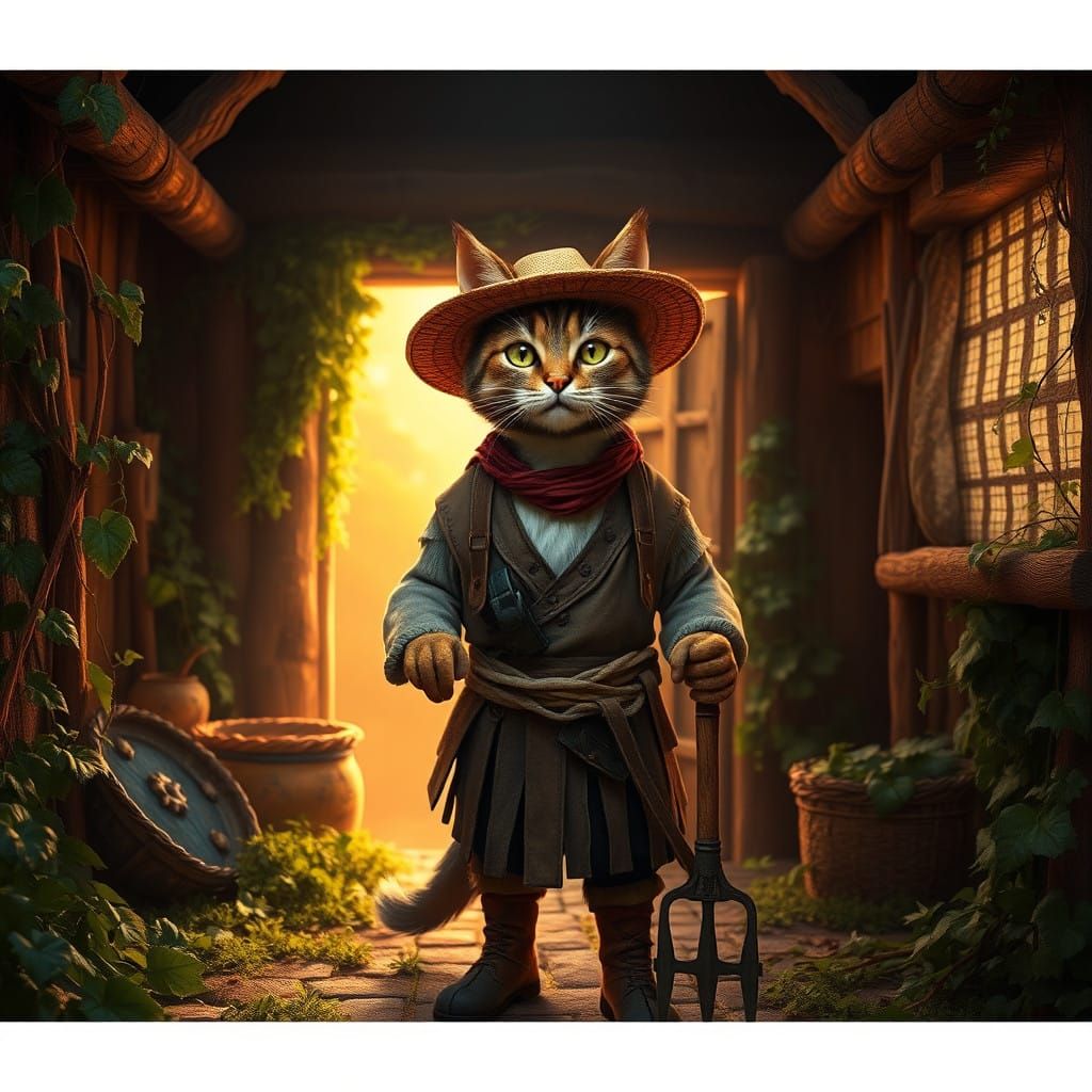Medieval Cat Farmer in Whimsical Barn Setting