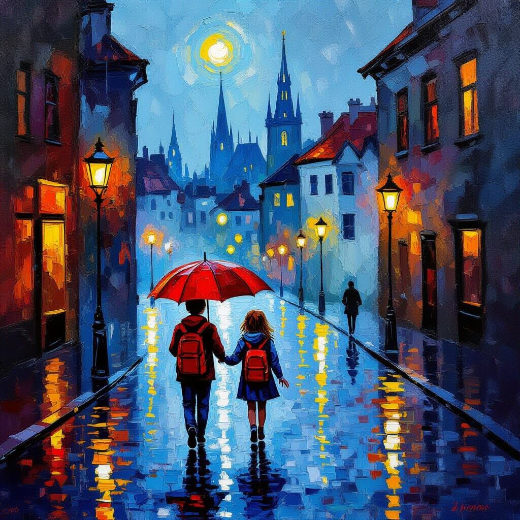 Children Share Umbrella on Rainy Dusk Street