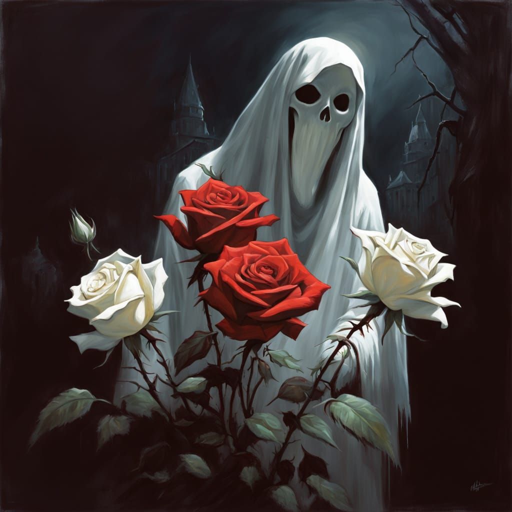 Ghostly Presence Amidst Macabre White Roses