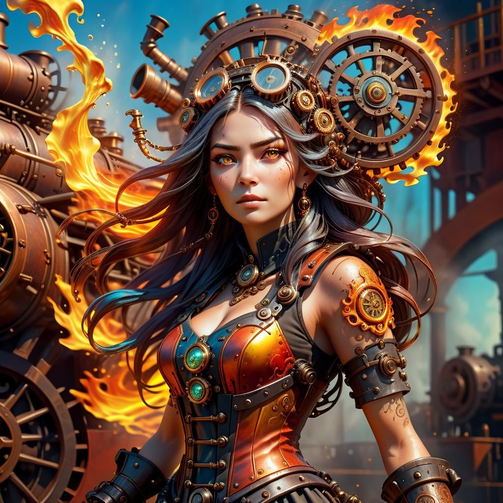Steampunk Fire Goddess Hyperrealistic Concept Art