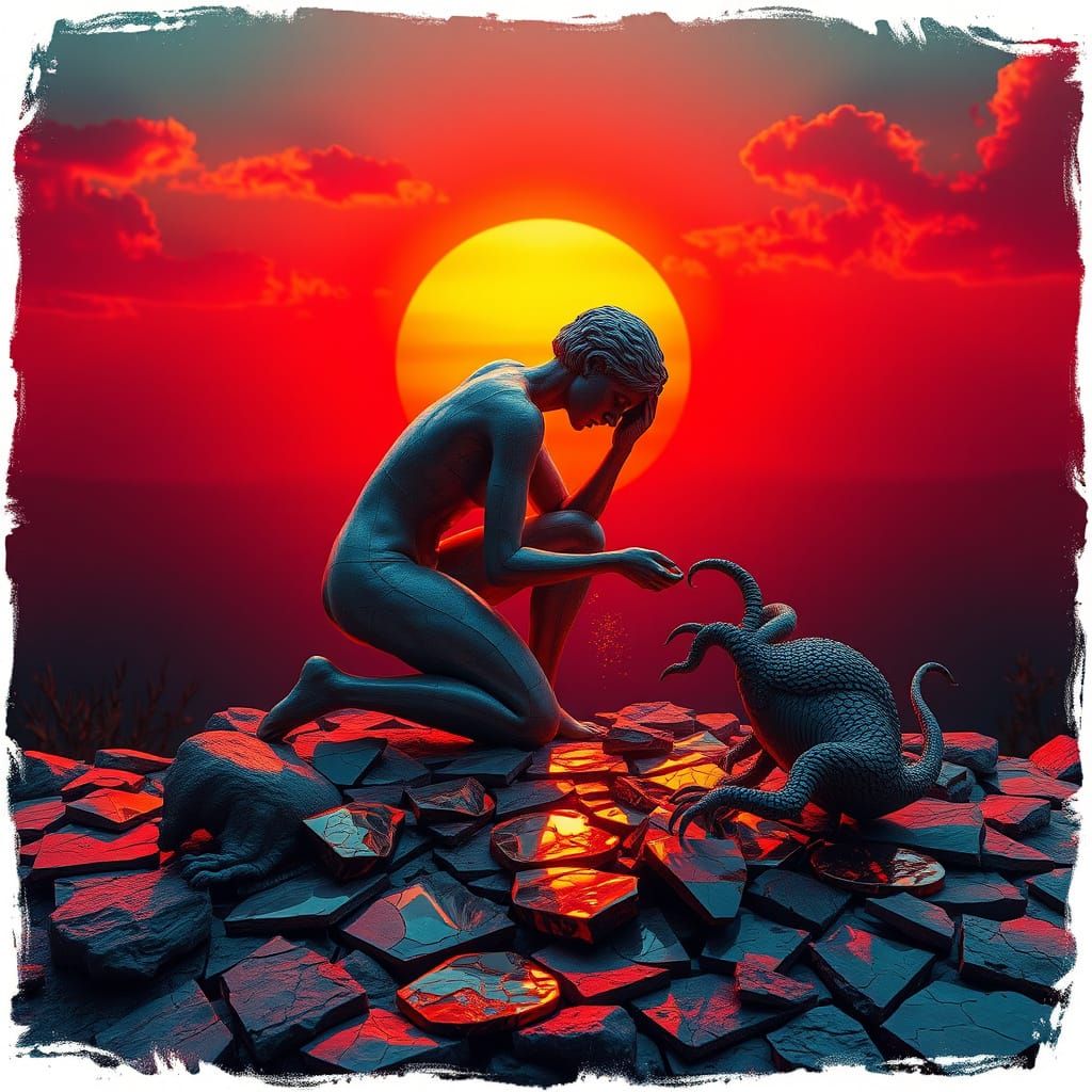 Kneeling Figure Sculpture at Sunset in Bio Art Style