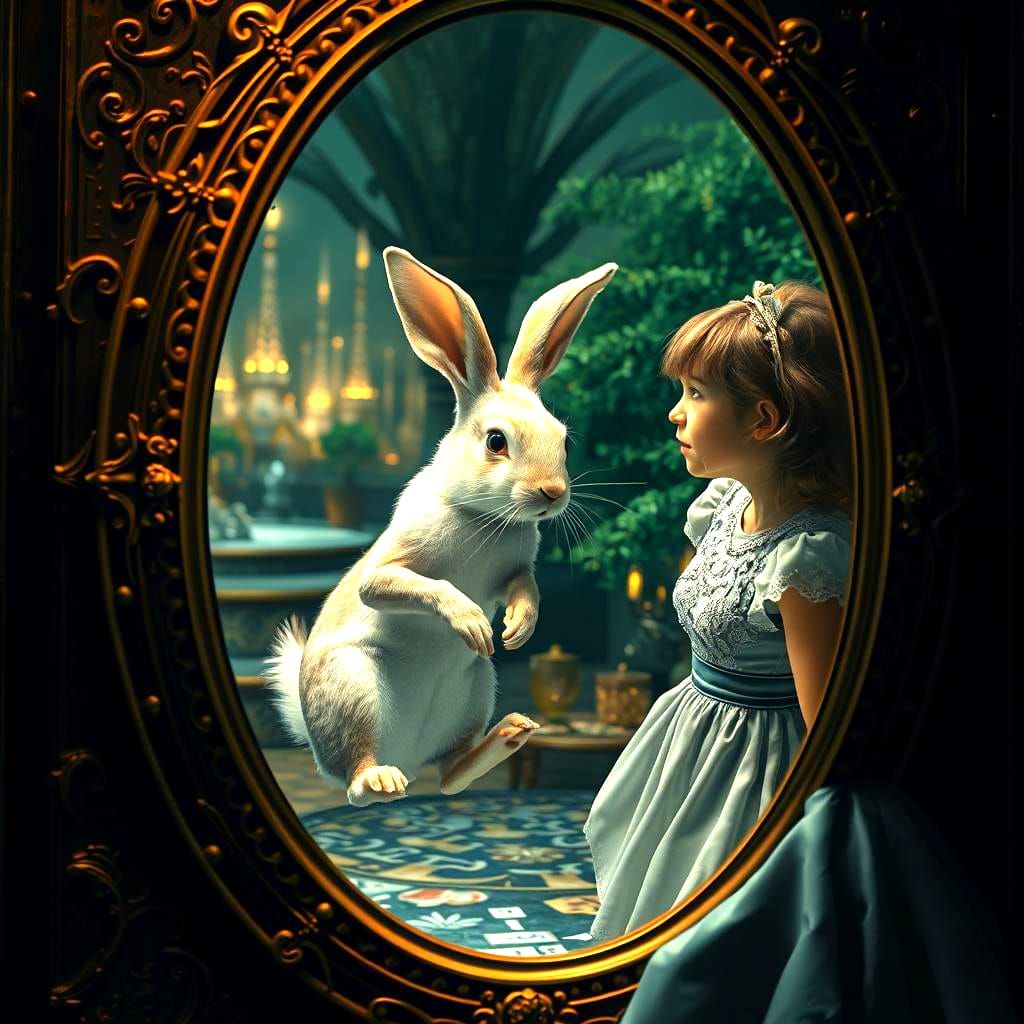 White Rabbit Hopping into Wonderland Mirror in Art Deco