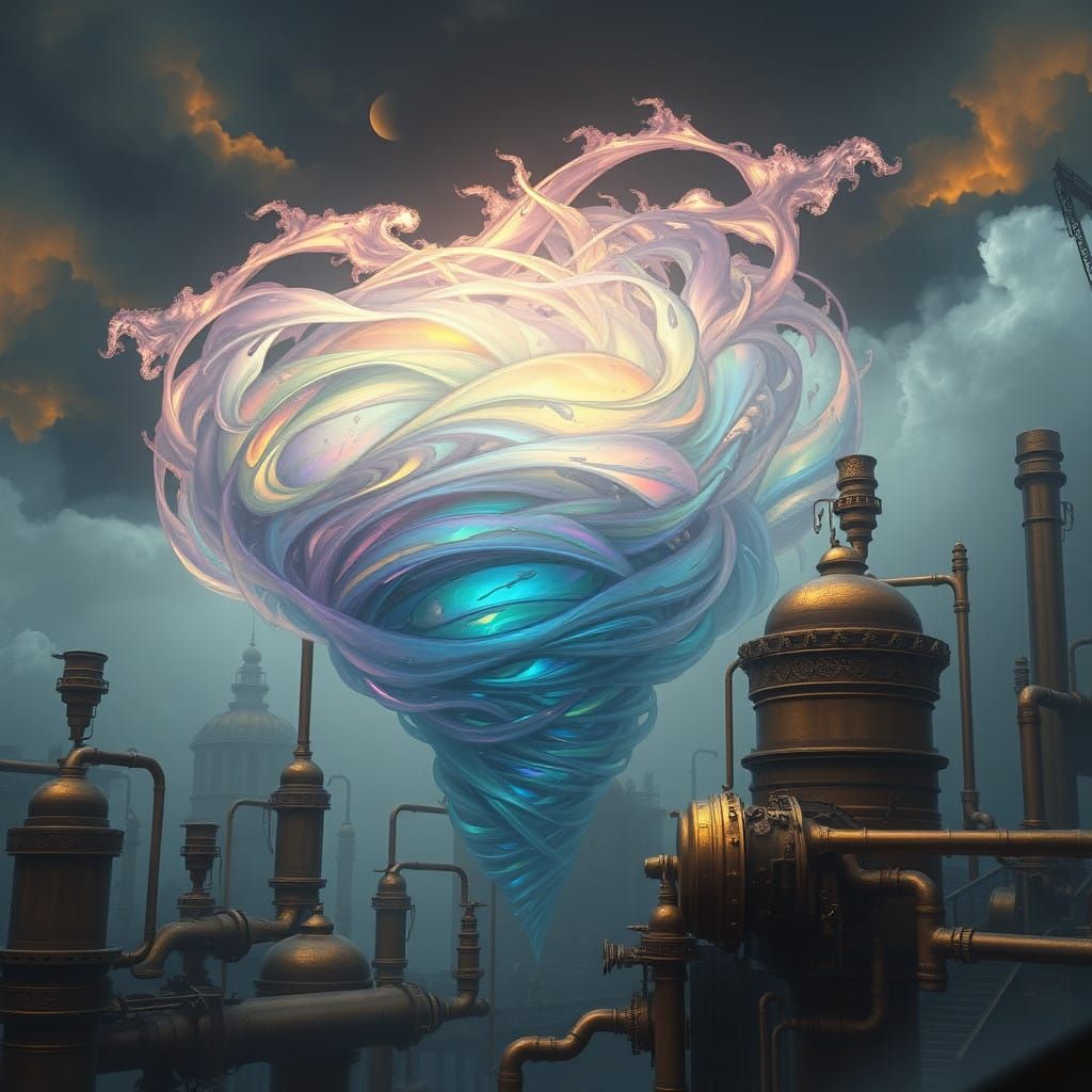 Swirling Industrial Dreamscape with Iridescent Tornado