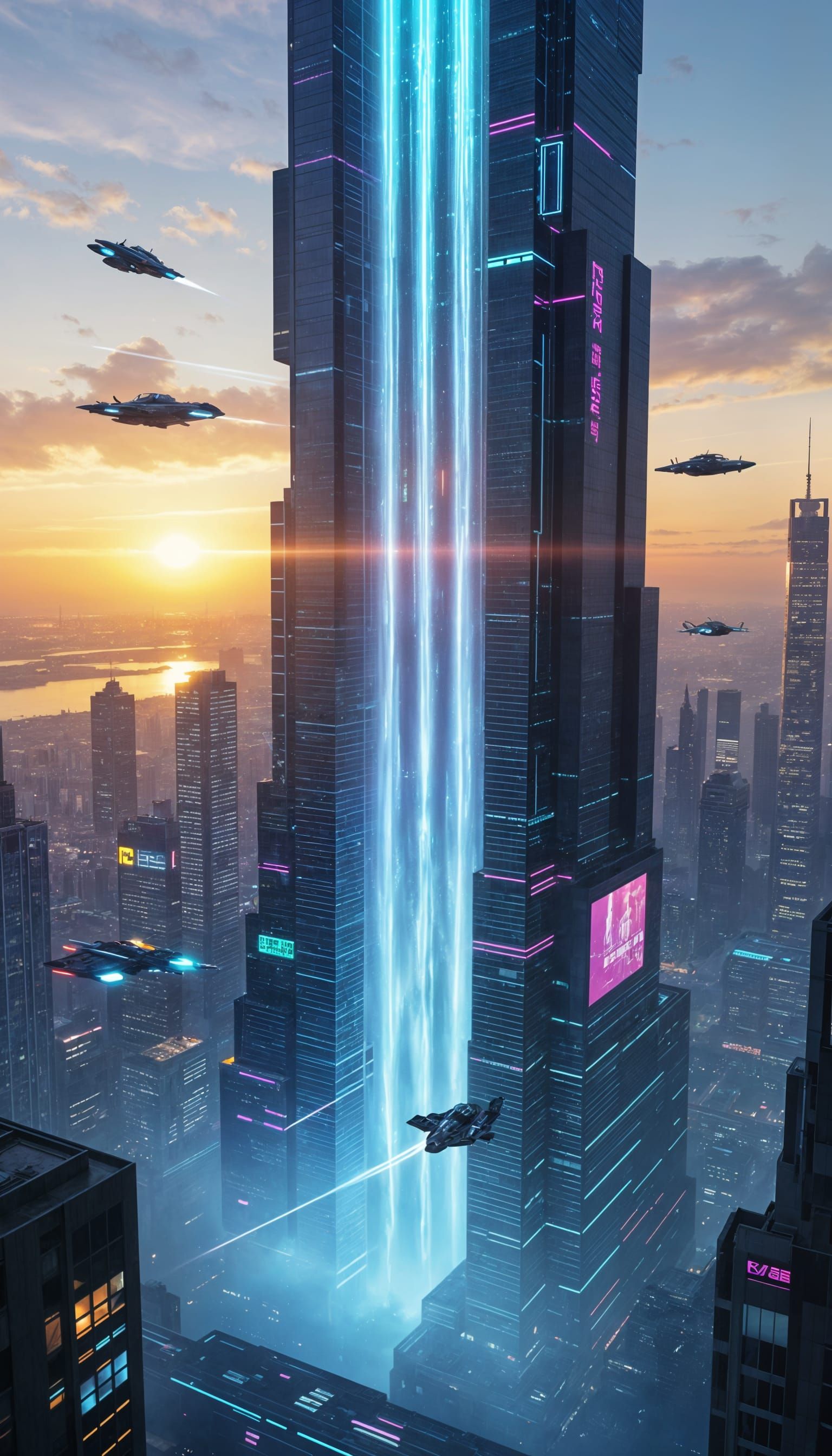 Cyberpunk Waterfall in a Futuristic City
