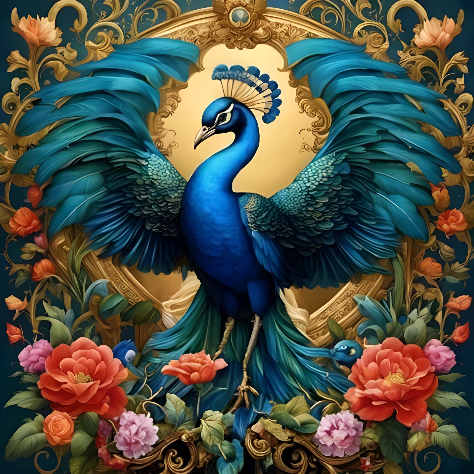 Surreal Peacock with Big Opened Wings