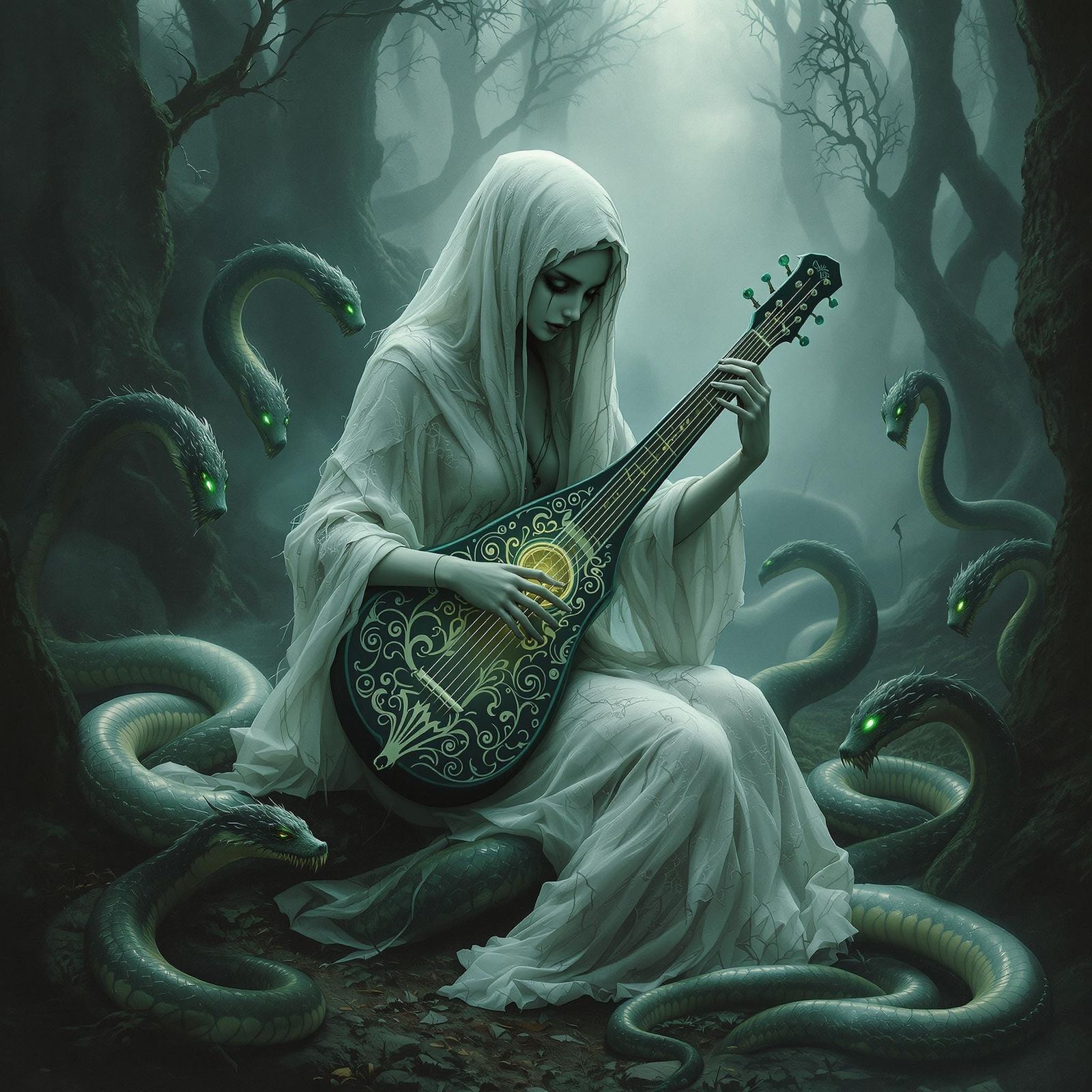 Ethereal Lute Player in a Haunting Forest Scene