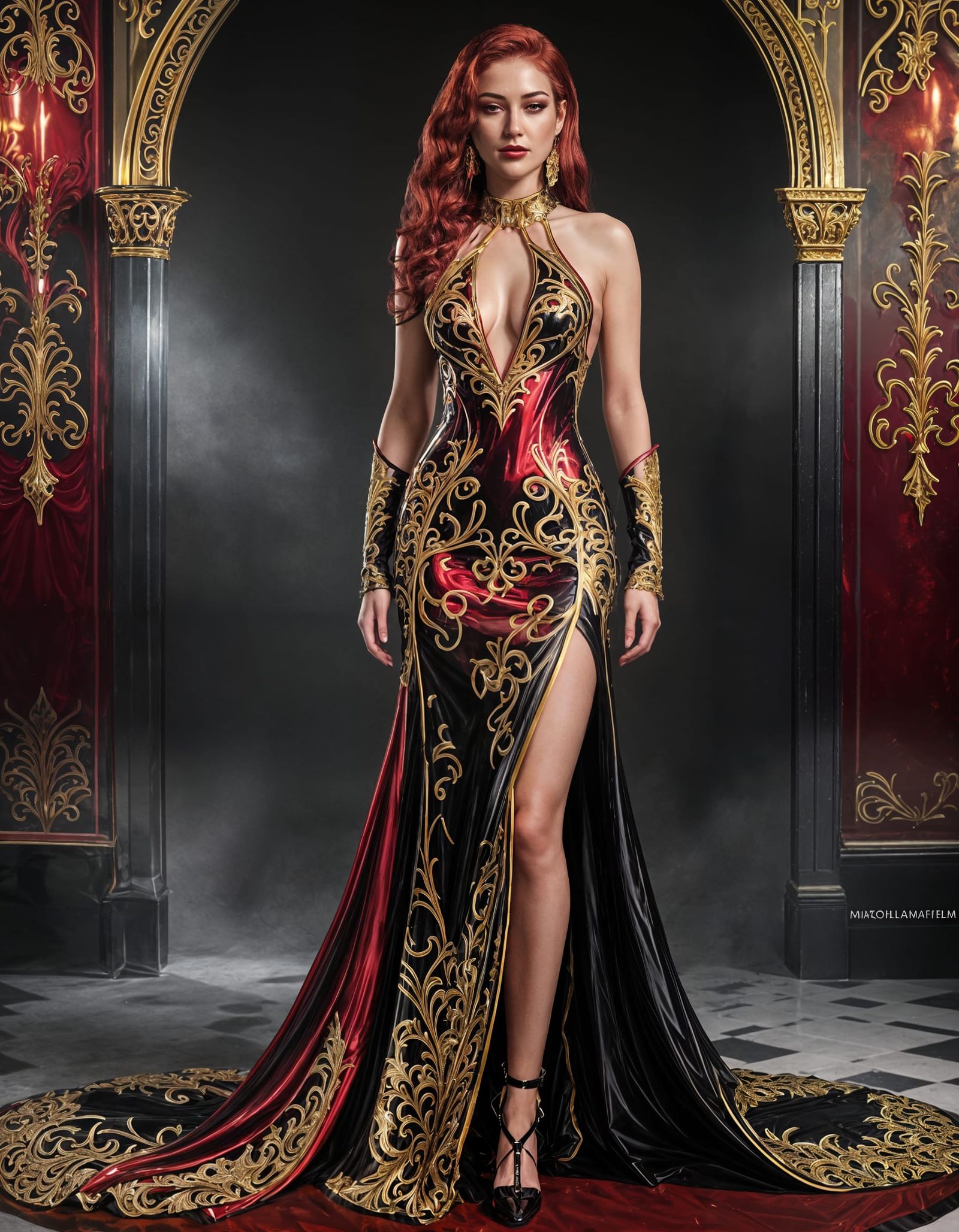 Pretty Woman in Red Dress with Gold Filigree