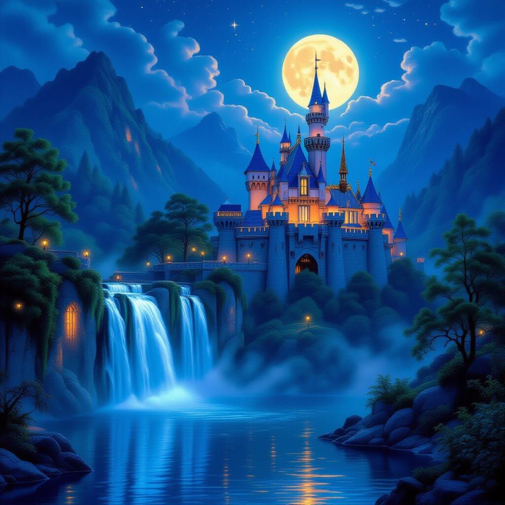 Fairytale Castle Waterfall in Twilight