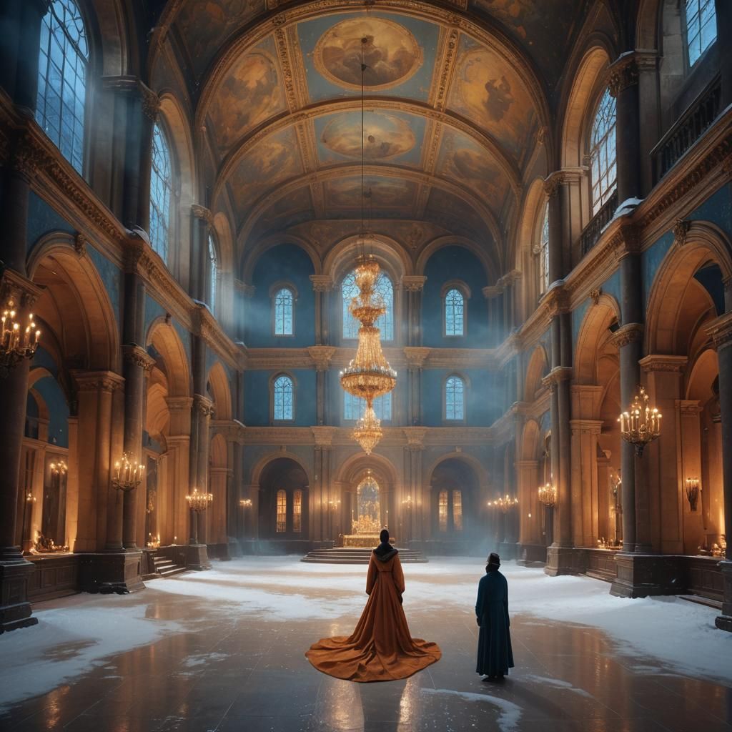 Nocturnal Museum Scene with Golden Lighting