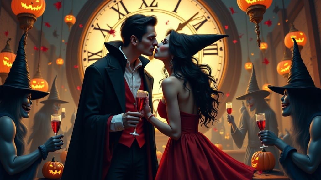 Vampire Kisses Witch at Monstrous New Year's Eve Party