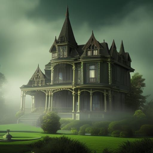 Victorian Gothic House in Light Green Fog
