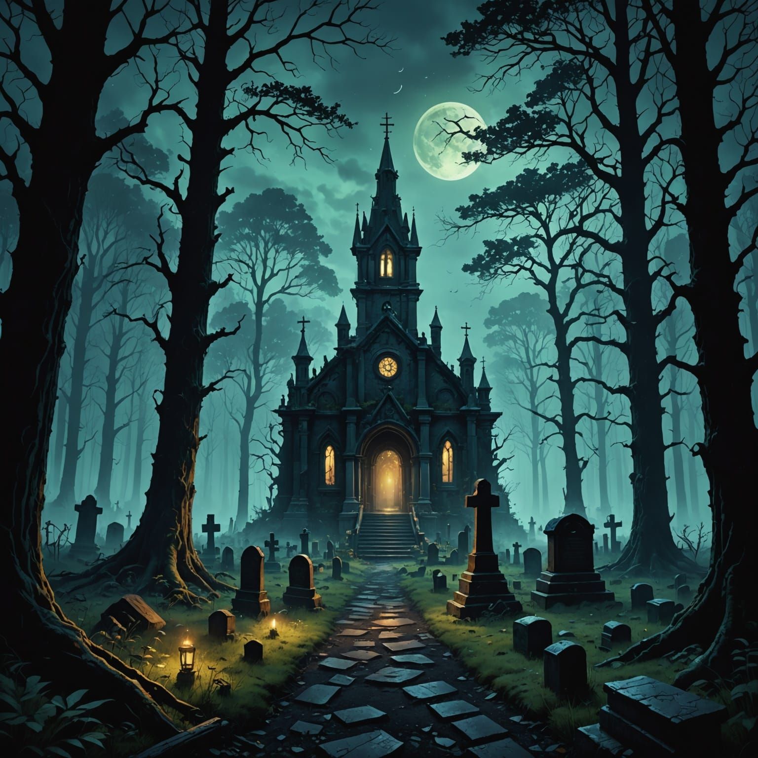 Creepy Mist in Dark Forest Cemetery: Digital Matte Painting