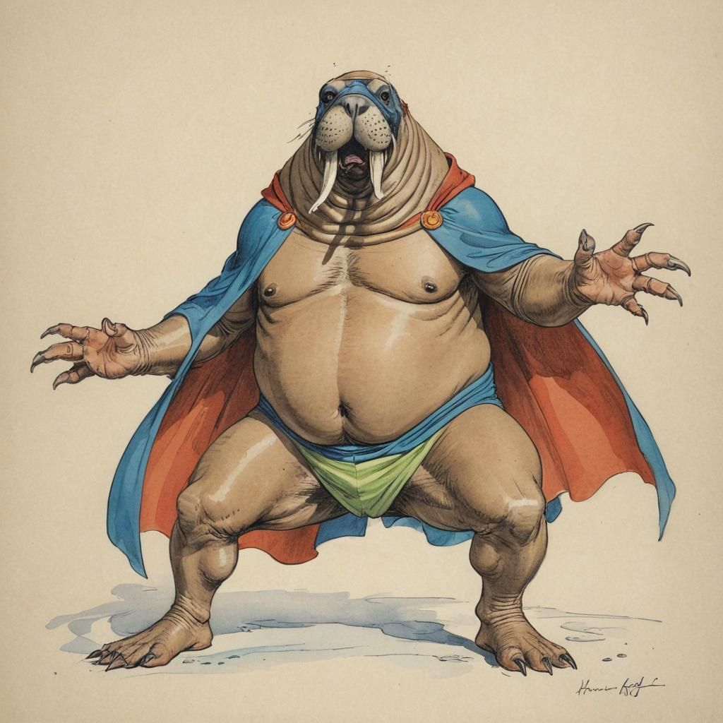 Walrus as Superhero in Golden Age Illustration Style