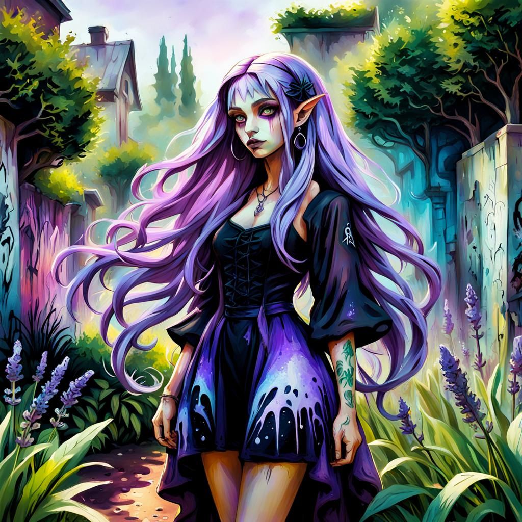 Fae Girl in Lush Garden, Graffiti Art Style