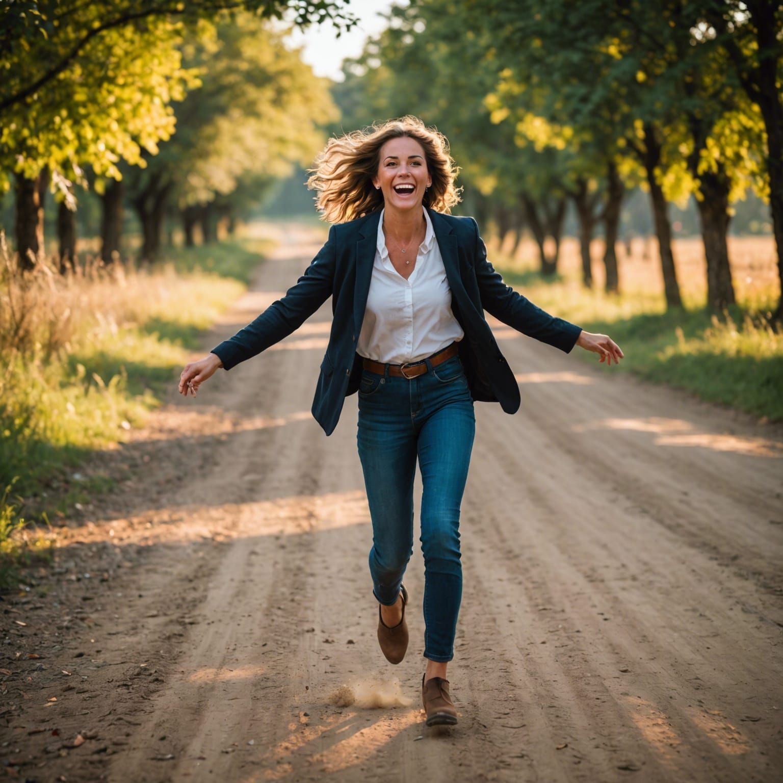 Woman Skipping Down a Dirt Road in Bokeh