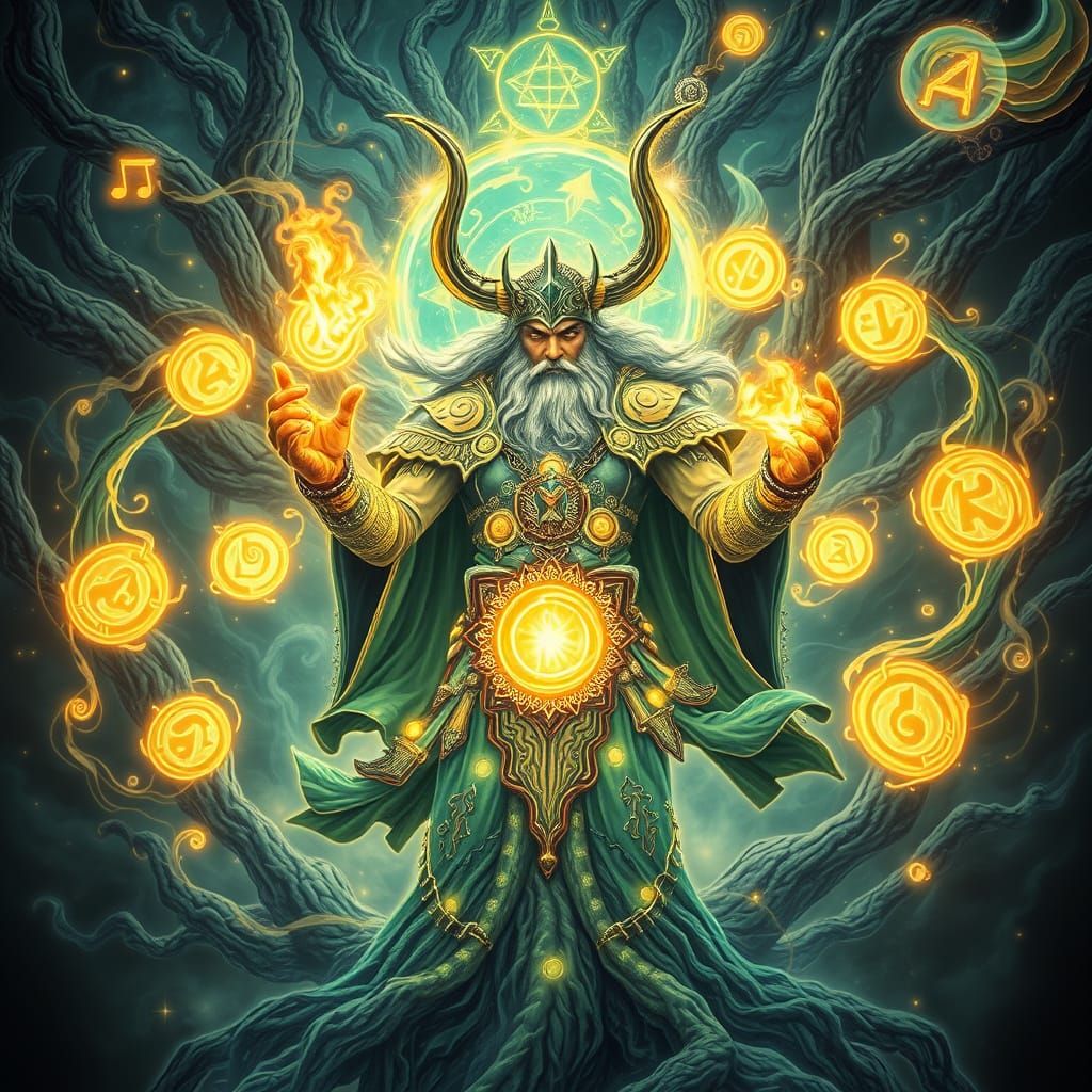Viking Sorcerer Surrounded by Swirling, Ethereal Runes