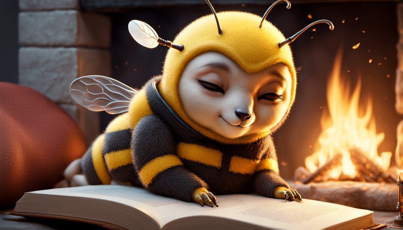 Sleepy Bee Reading by Fire: Hyperrealistic Concept Art