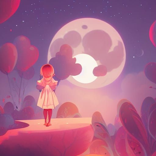 Magical Night: Cute Girl on the Moon, Digital Illustration