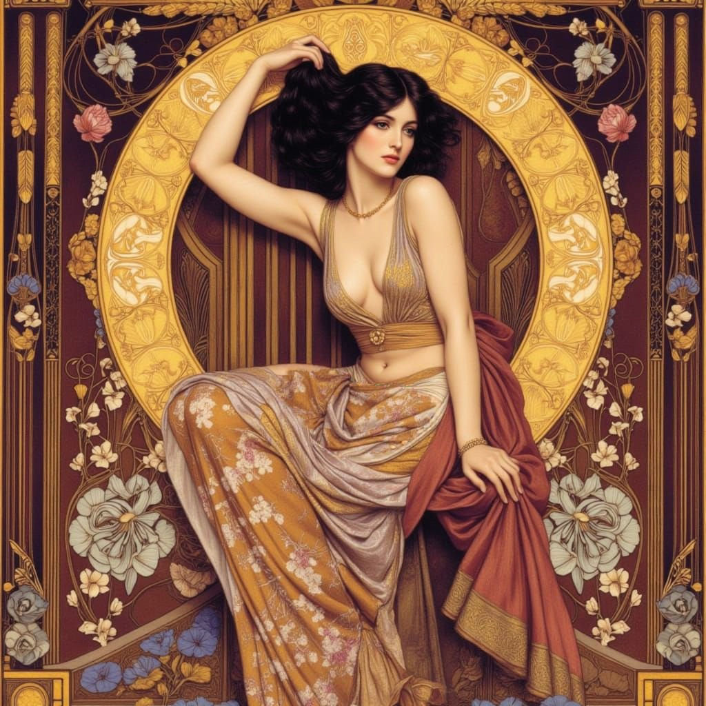 Art Nouveau Woman Portrait in Mucha, Klimt Style