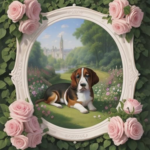 Basset Puppy in Rose Garden Watercolor Painting