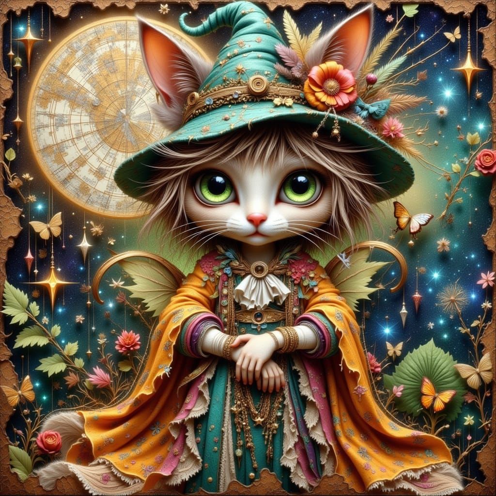 Whimsical Wizard Cat Collage in Mixed Media Style