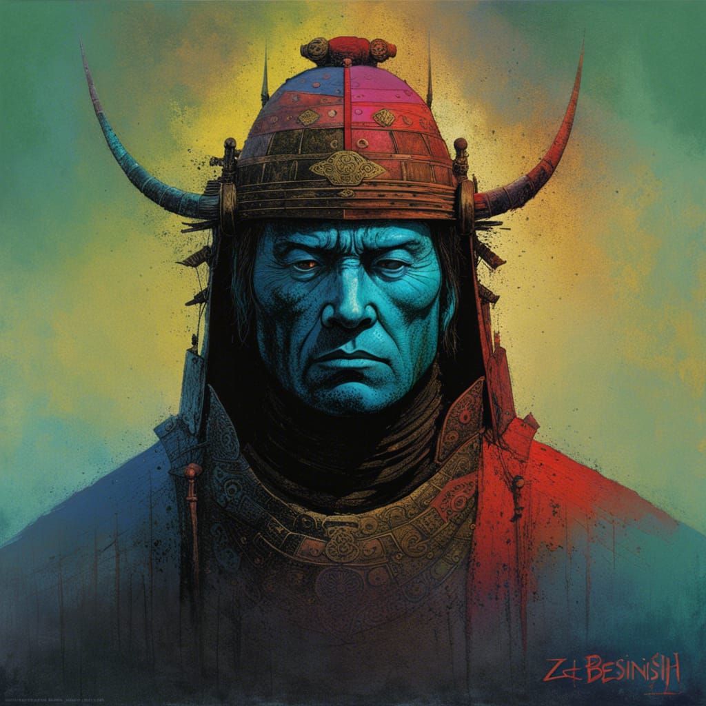 Samurai Warrior Portrait in Surreal Comic Art Style