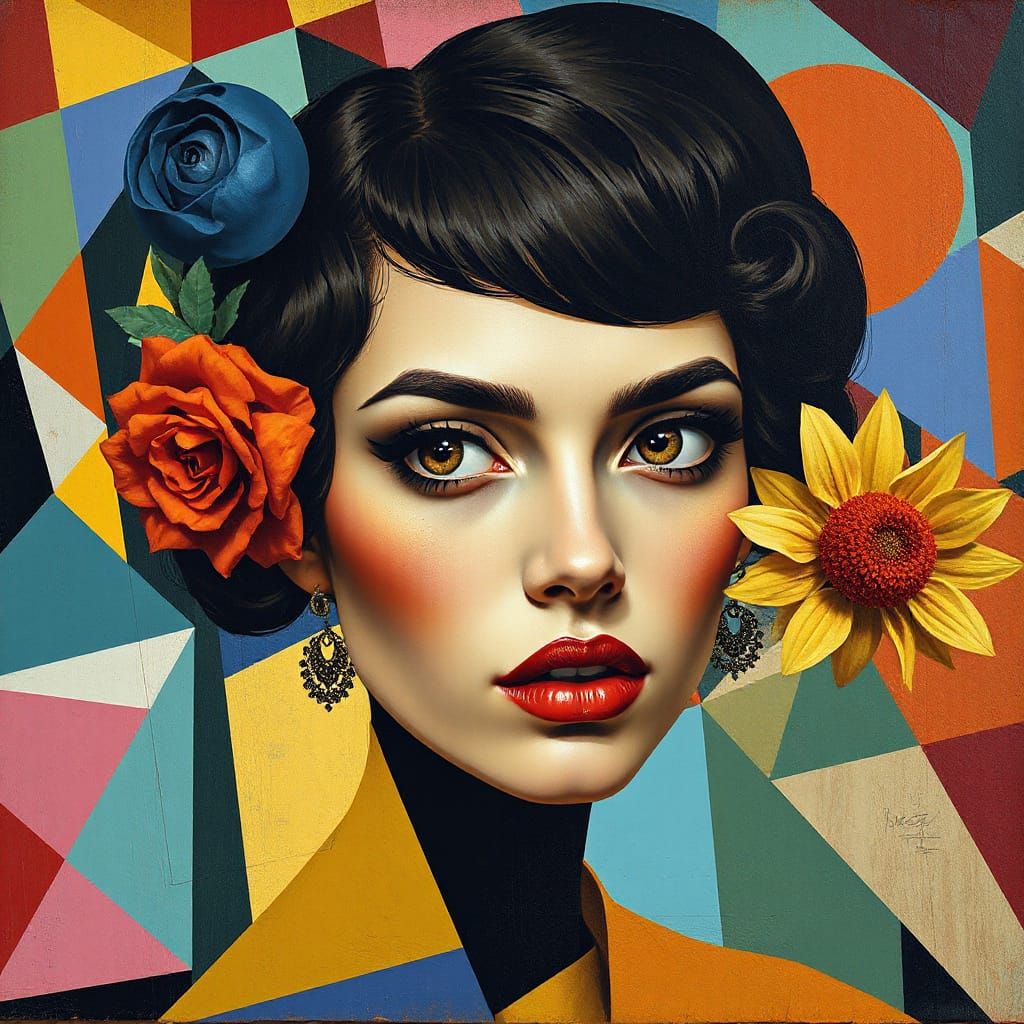 Cubist Female Portrait in Mixed Media Style