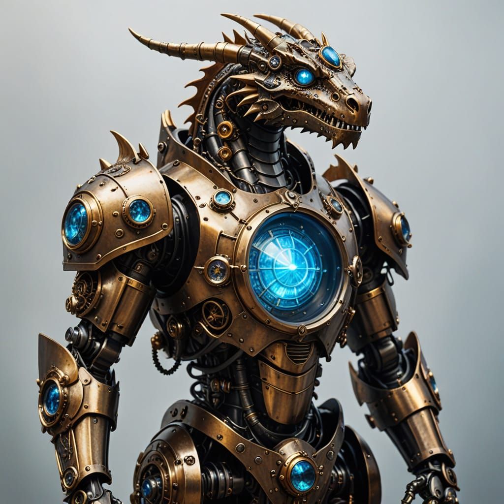 Steampunk Warforged Dragon Robot with Glowing Gem