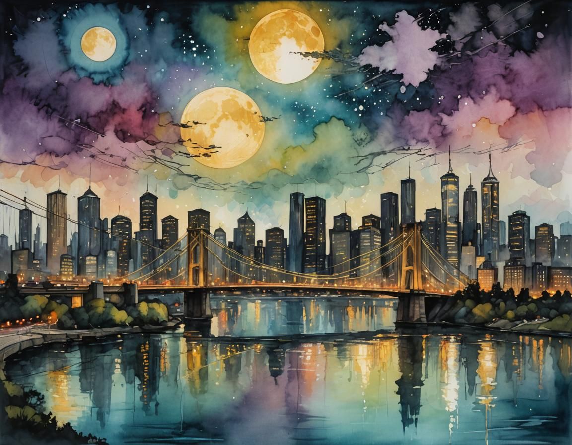 Vibrant Nocturnal Cityscape Under Moonlit Sky