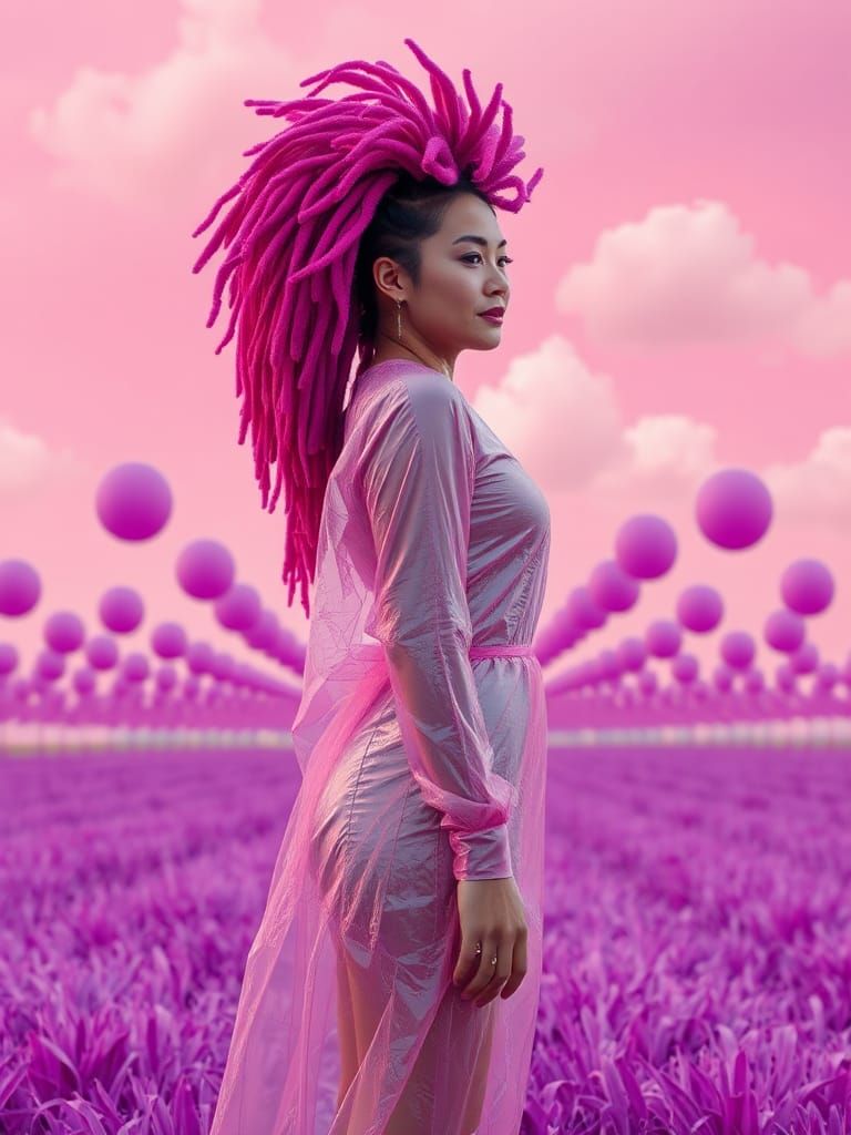 Asian Woman with Pink Afro in Dreamlike Scene