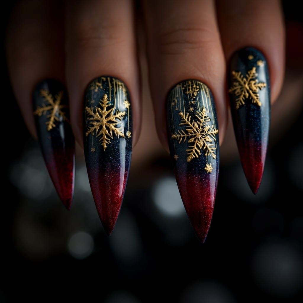 Winter Sky Nail Art with Gold Snowflake Details