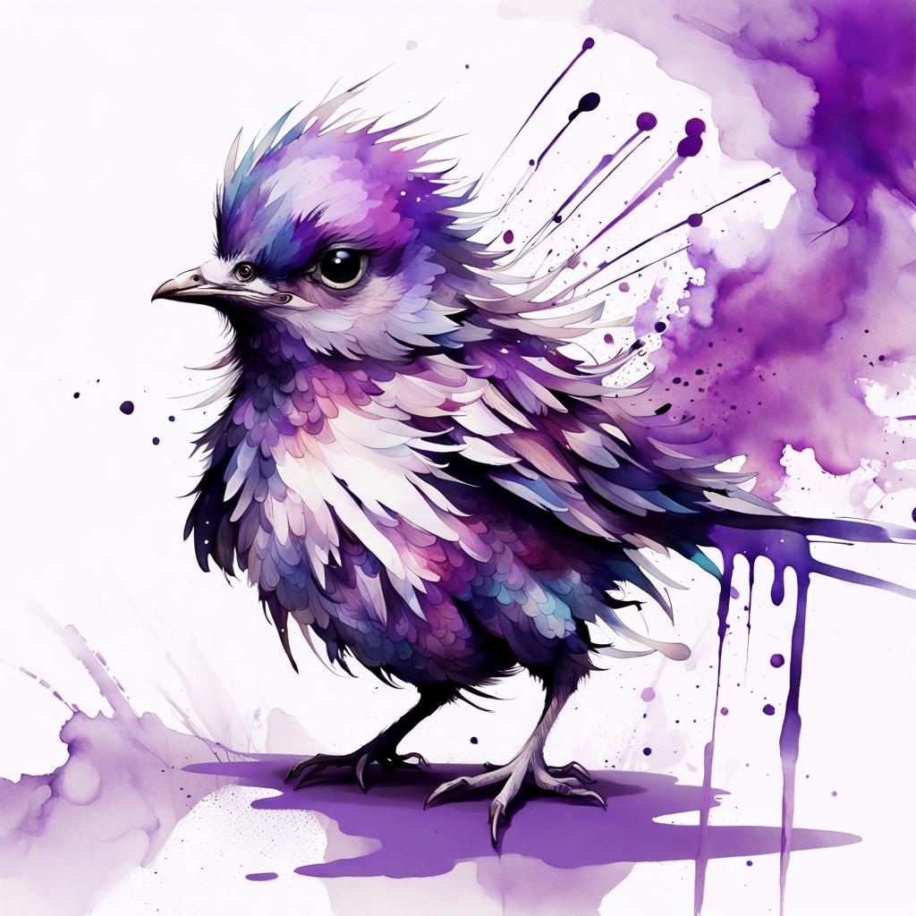 Chibi Purple Bird Watercolor with Ink Splatters