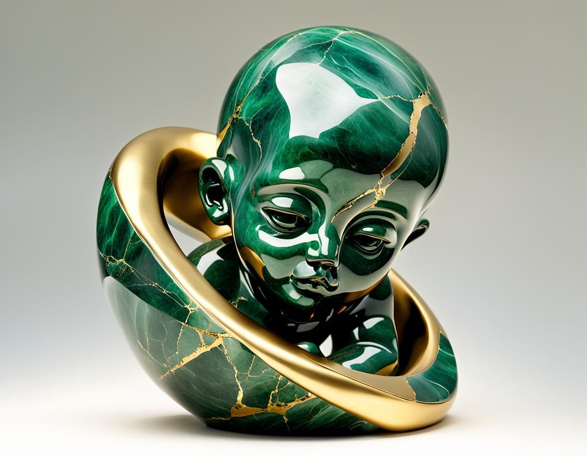 Minimalist Sculpture of a Baby in Green Marble