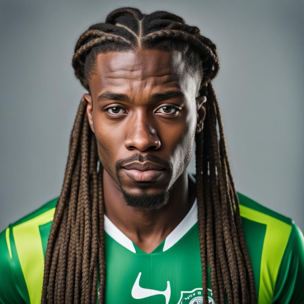 Detailed Headshot of Nigerian Soccer Player with Braids