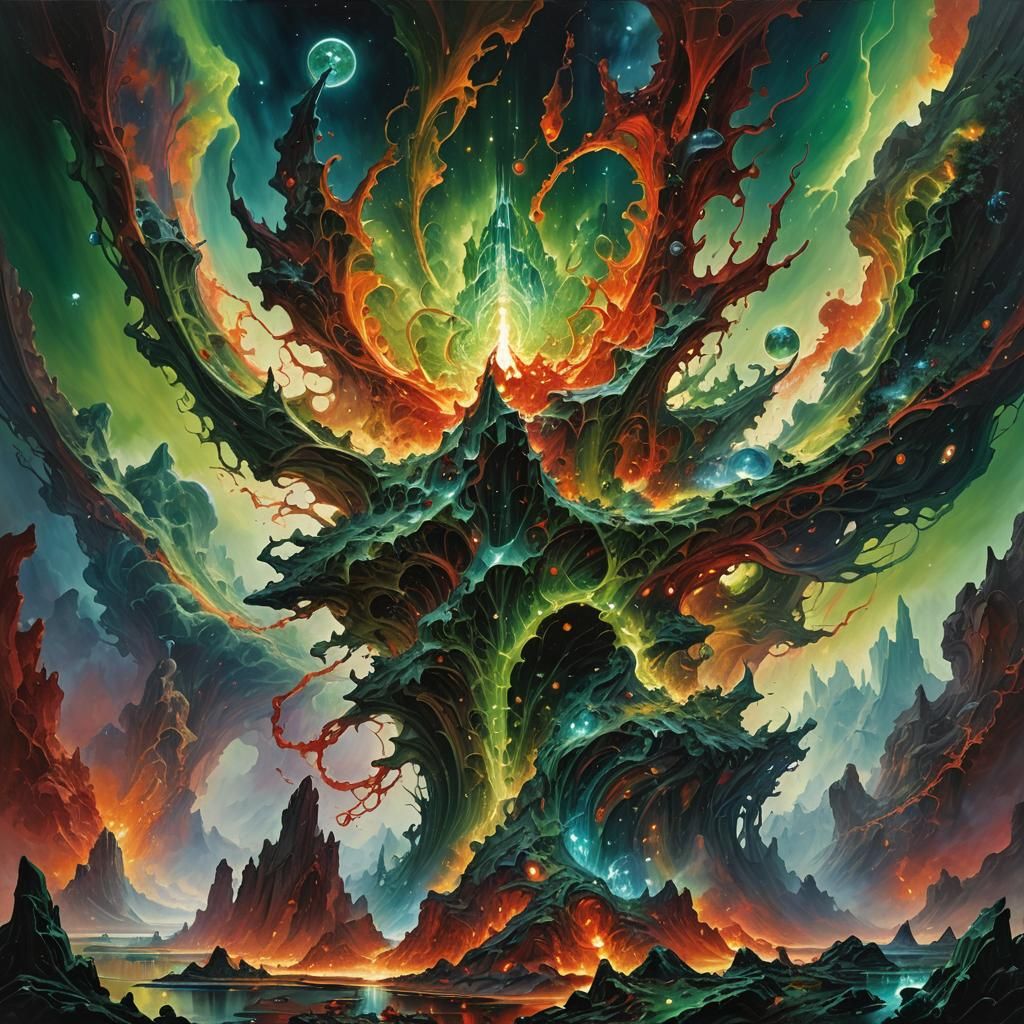 Alien Crystal Structure in Vibrant Oil Painting