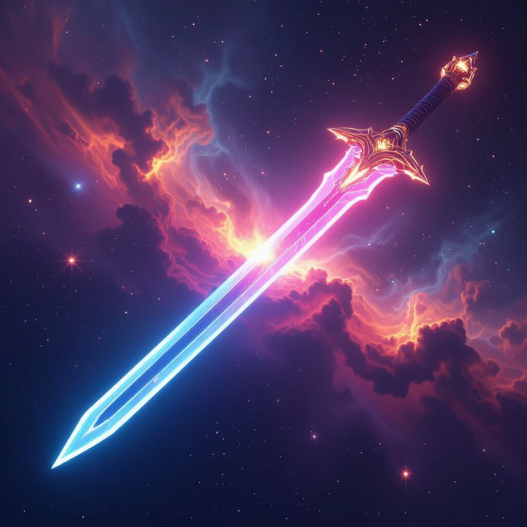 Neon Energy Sword Levitating in Cosmic Nebula