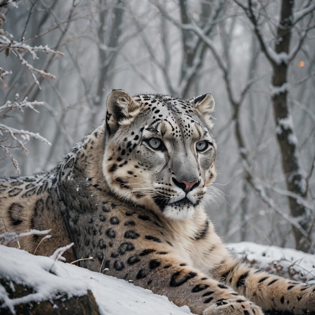 Snow Leopard in Snowy Woods: Wildlife Photography