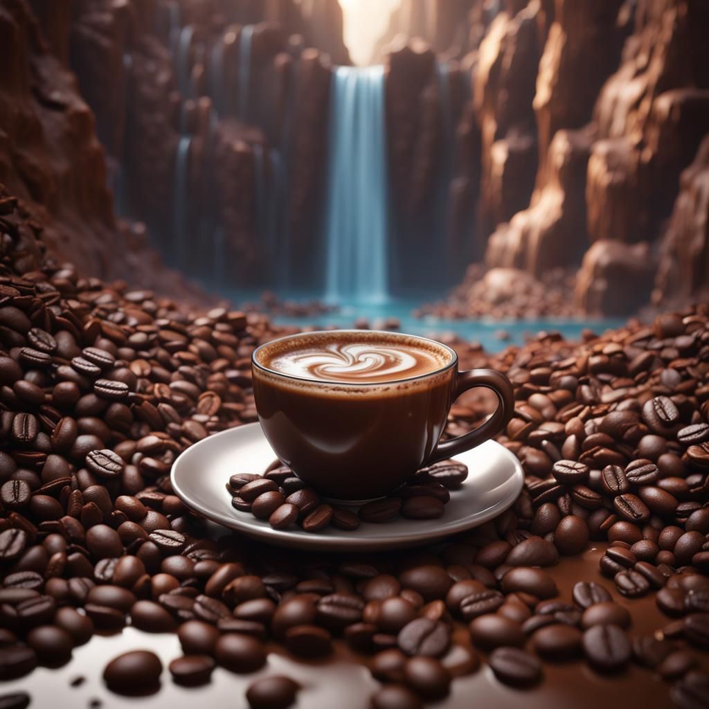 Coffee Waterfall with Chocolate: Detailed Fantasy Art