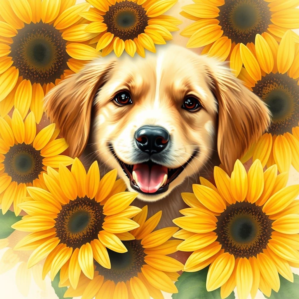 Golden Retriever Puppy Merges with Vibrant Sunflowers in Whi...